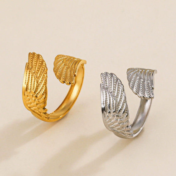 Popular Feather Open Ring For Women Stainless Steel Real Gold Electroplated Hiphop Style