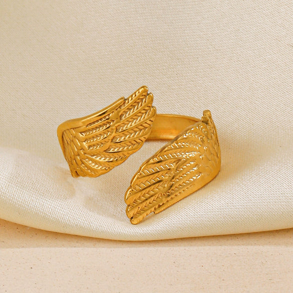 Popular Feather Open Ring For Women Stainless Steel Real Gold Electroplated Hiphop Style