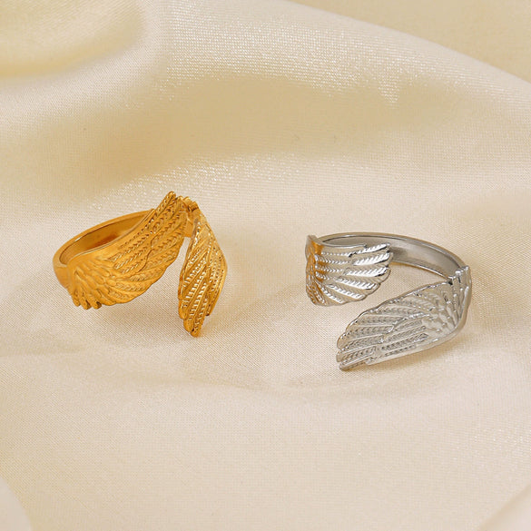 Popular Feather Open Ring For Women Stainless Steel Real Gold Electroplated Hiphop Style