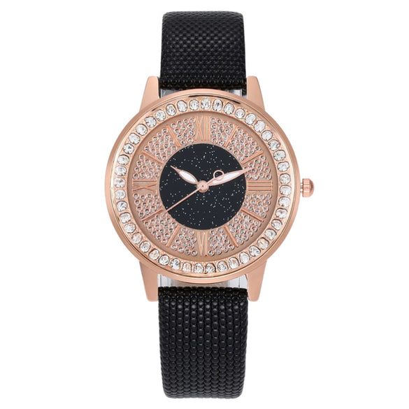 Popular Gypsophila Diamond Fashion Women's Alloy And Imitation Leather Quartz Watch With Round Dial