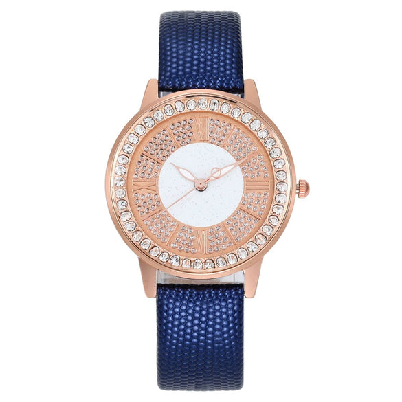 Popular Gypsophila Diamond Fashion Women's Alloy And Imitation Leather Quartz Watch With Round Dial
