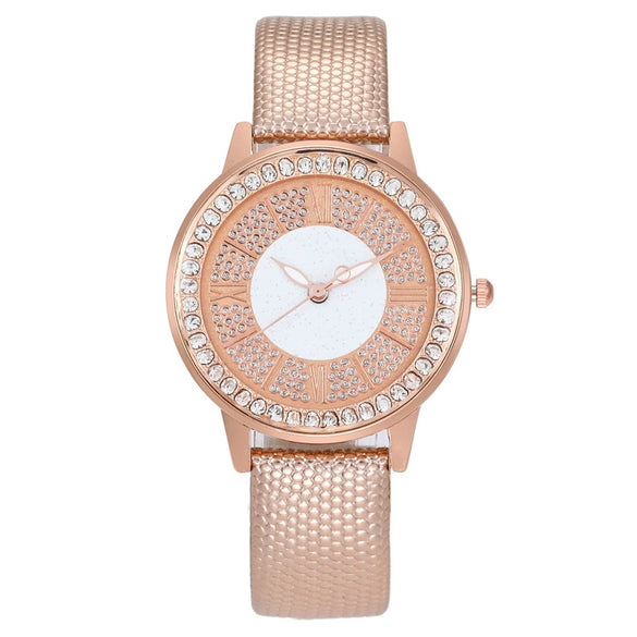 Popular Gypsophila Diamond Fashion Women's Alloy And Imitation Leather Quartz Watch With Round Dial