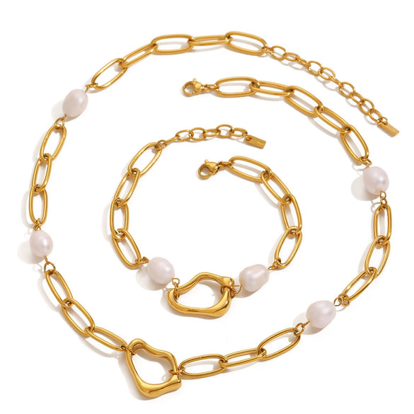 Popular Irregular Pearl Beaded Titanium Steel Necklace And Bracelet With Geometric Design And Electroplating Treatment For Women