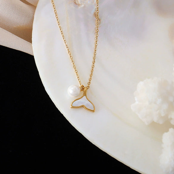 Popular Simple Allmatch Fishtail Imitation Pearl Pendant Titanium Steel Choker Necklace With Electroplating