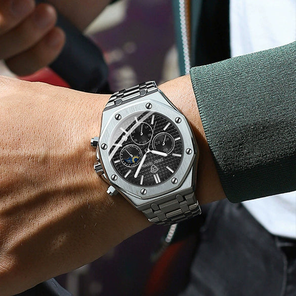 Popular Waterproof Multifunctional Men's Quartz Watch With Steel Band Alloy Strap Metal Case And Round Dial