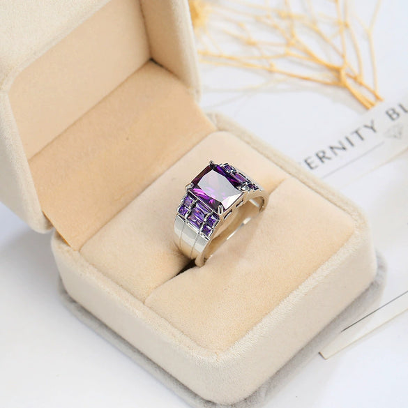 Popular Women's Fashion Purple Zircon Ring Copper Geometric Electroplated Hand Jewelry
