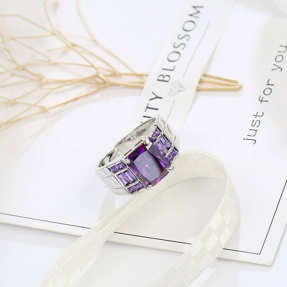 Popular Women's Fashion Purple Zircon Ring Copper Geometric Electroplated Hand Jewelry