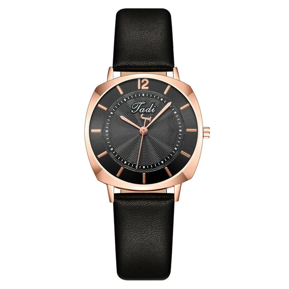 Popular Women's Fashion Square Metal Case Imitation Leather Strap Quartz Watch