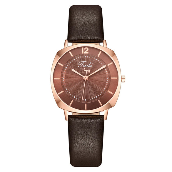 Popular Women's Fashion Square Metal Case Imitation Leather Strap Quartz Watch
