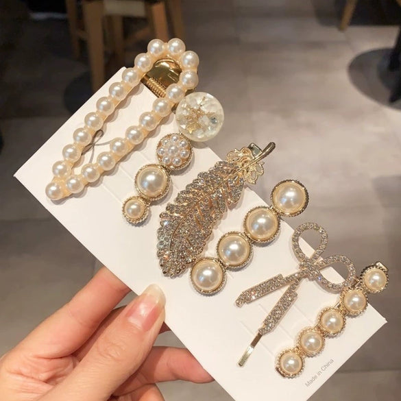 Popular Women's Pearl Handmade Side Clip Hairpin With Geometric Style