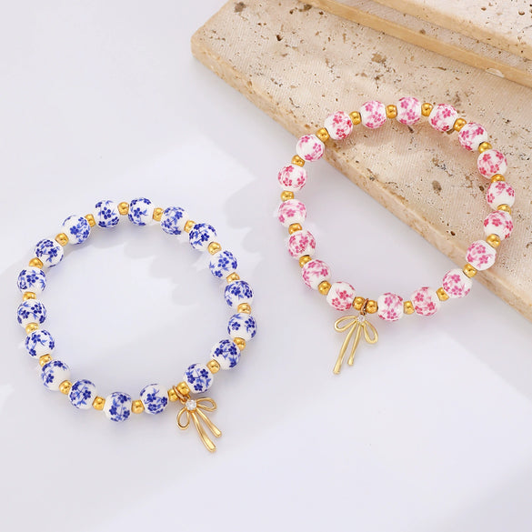 Porcelain Ceramic Bow Beaded Women's Bracelets With Electroplating