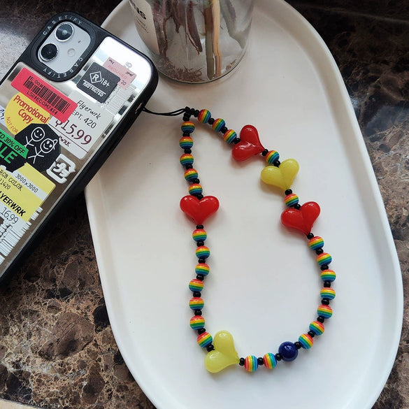 Portable Iphone Mobile Phone Chain Handmade Jewelry Resin Plastic Heart With Colorful Stripes Love Water Drops Bell Pattern For Girls
