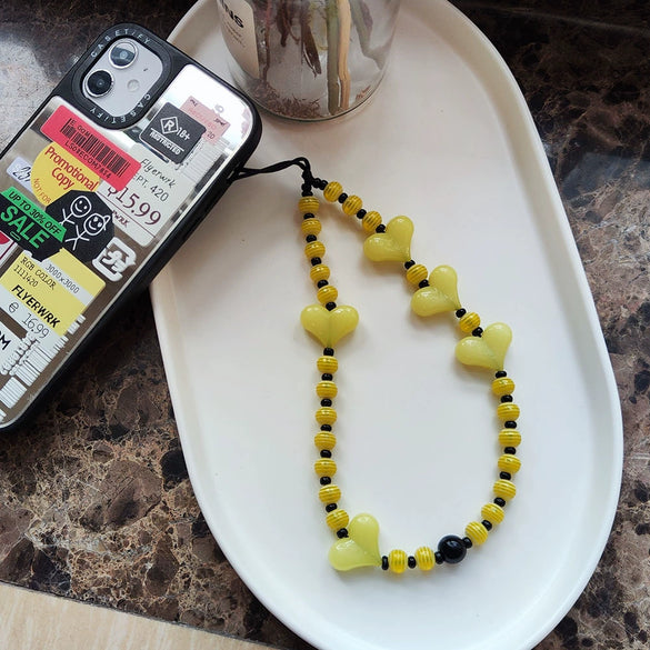 Portable Iphone Mobile Phone Chain Handmade Jewelry Resin Plastic Heart With Colorful Stripes Love Water Drops Bell Pattern For Girls