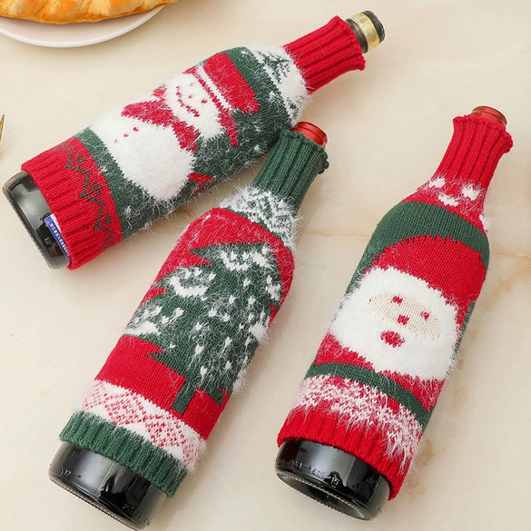 Premium Mink Wool Knitted Christmas Wine Bottle Cover Set With Santa Claus Snowman And Christmas Tree Designs