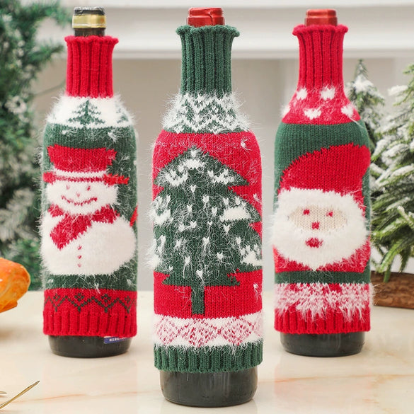 Premium Mink Wool Knitted Christmas Wine Bottle Cover Set With Santa Claus Snowman And Christmas Tree Designs