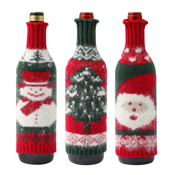 Premium Mink Wool Knitted Christmas Wine Bottle Cover Set With Santa Claus Snowman And Christmas Tree Designs