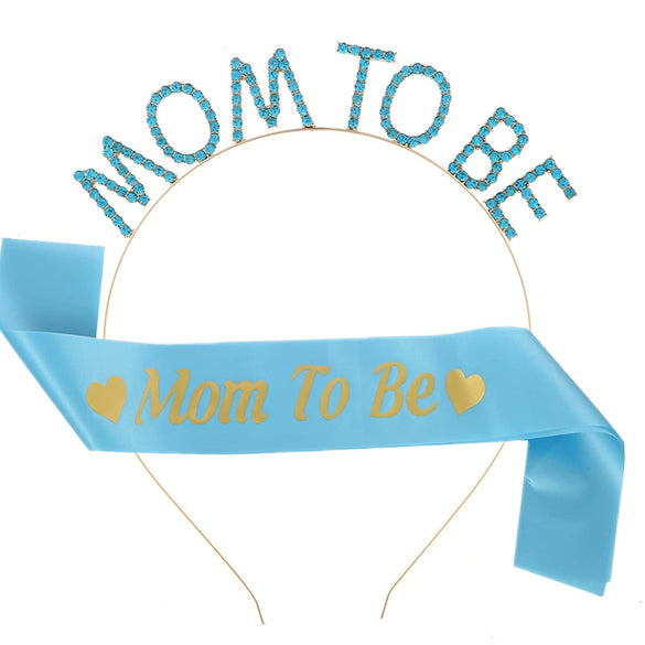 Premother Party Headwear Ribbon Set Crystal Headband Shoulder Strap Twopiece Set Simple Style Lake Blue