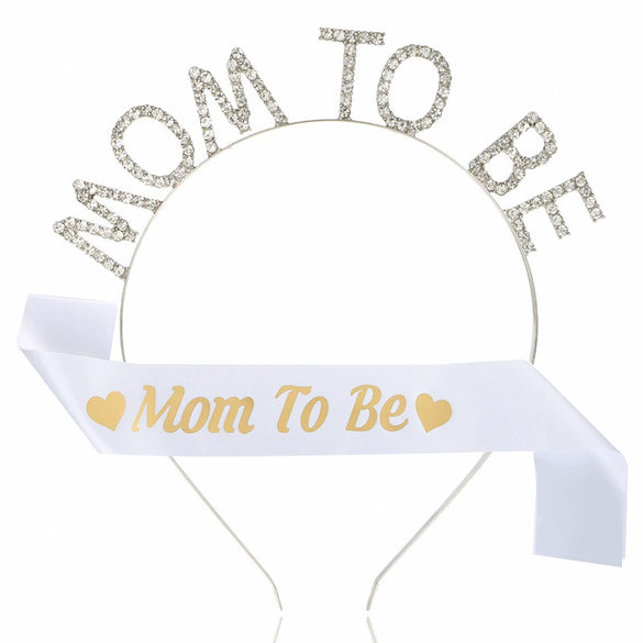Premother Party Headwear Ribbon Set Crystal Headband Shoulder Strap Twopiece Set Simple Style Lake Blue
