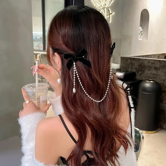 Princess Bow Knot Imitation Pearl Chain Hair Clip 1 Piece