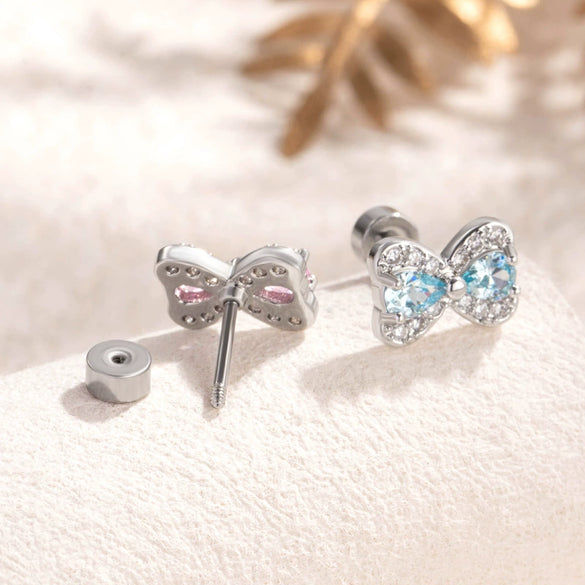 Princess Bow Titanium Steel Inlaid Zircon Earrings For Girls