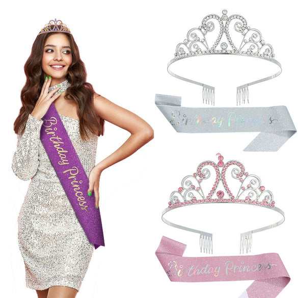 Princess Crystal Crown And Shoulder Strap Set Glitter Cloth Printing