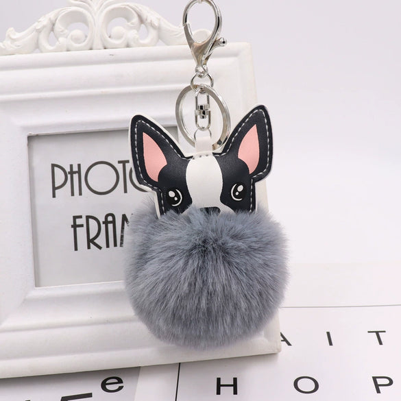 Pu Leather And Plush Puppy Fur Ball Keychain For Car Pendant And Promotional Gifts