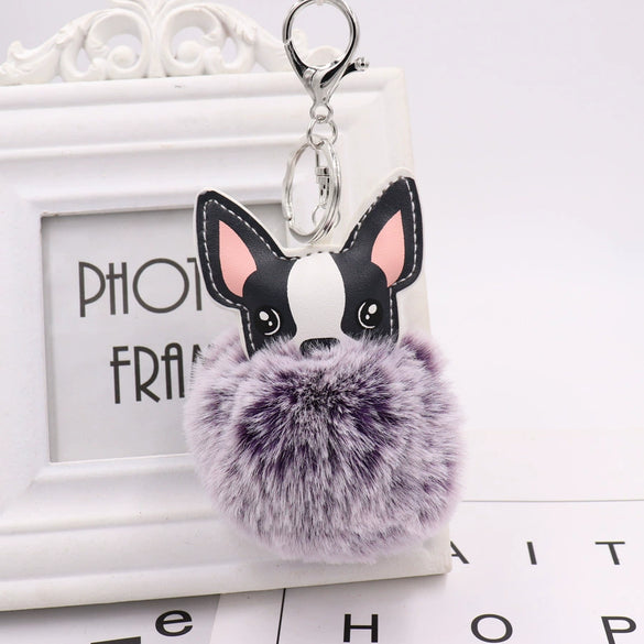 Pu Leather And Plush Puppy Fur Ball Keychain For Car Pendant And Promotional Gifts