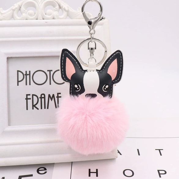 Pu Leather And Plush Puppy Fur Ball Keychain For Car Pendant And Promotional Gifts