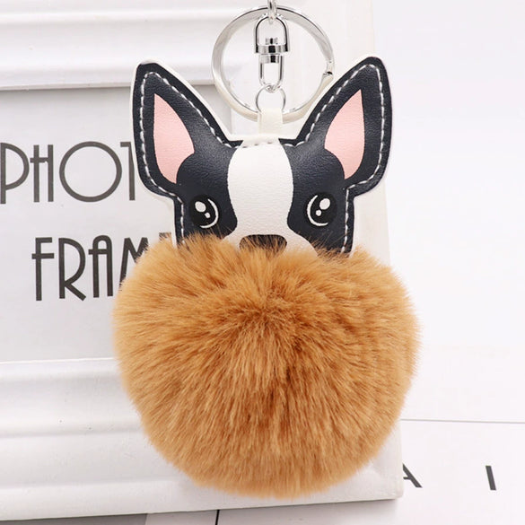 Pu Leather And Plush Puppy Fur Ball Keychain For Car Pendant And Promotional Gifts