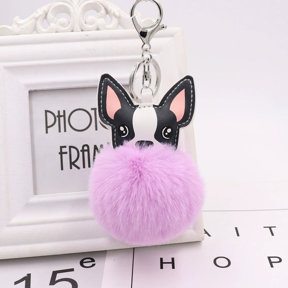 Pu Leather And Plush Puppy Fur Ball Keychain For Car Pendant And Promotional Gifts