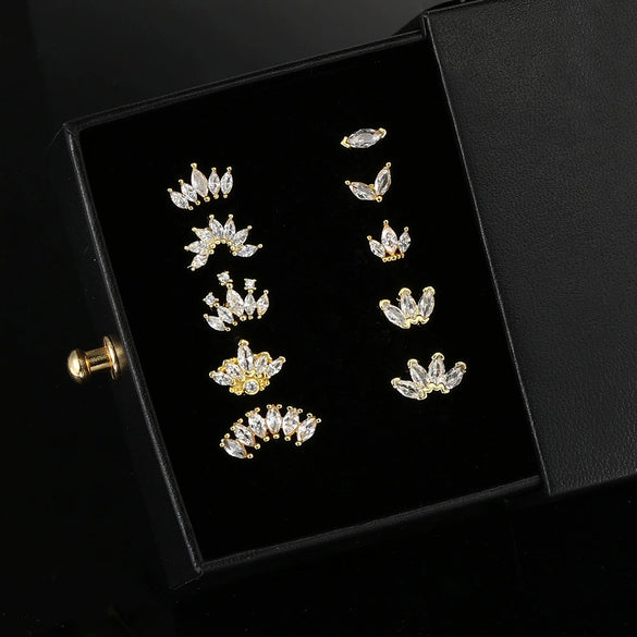 Puncture Stud Earrings Copper Inlaid Zircon Crown Shape Electroplated