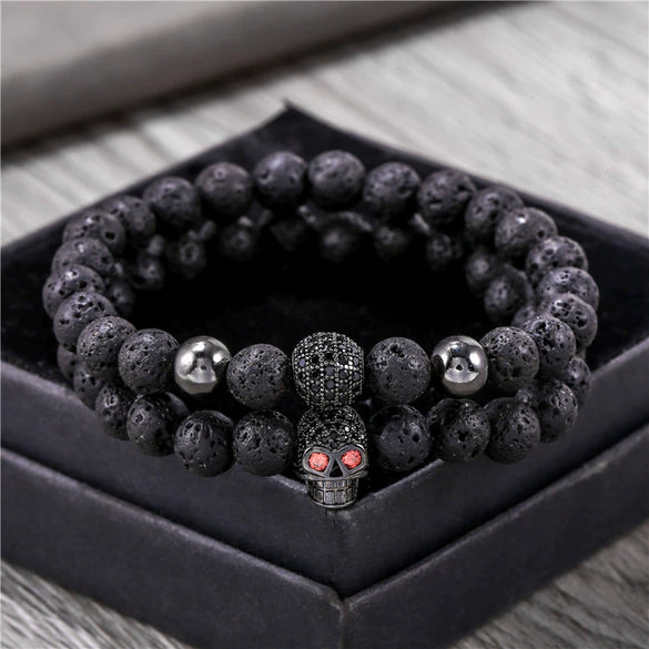 Punk Bracelet Copper Inlaid With Zircon Volcanic Stone Ball Skull Handmade Unisex
