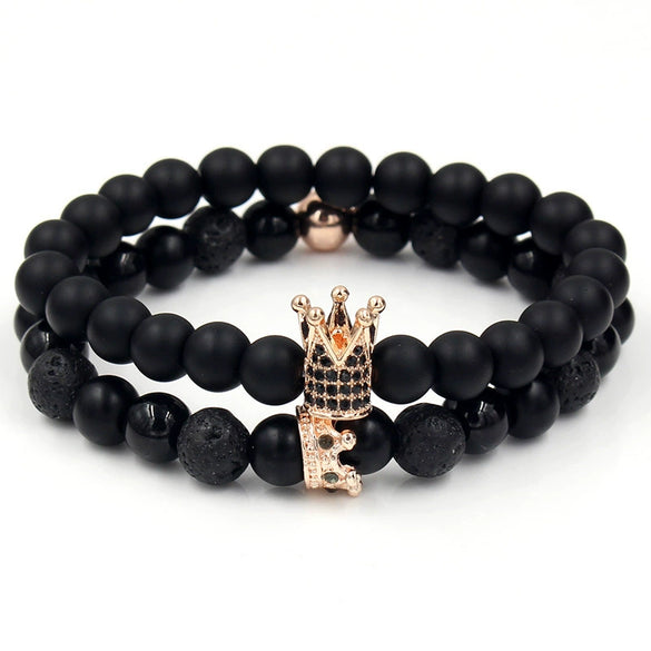 Punk Bracelet Copper Inlaid With Zircon Volcanic Stone Ball Skull Handmade Unisex