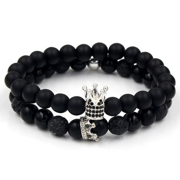 Punk Bracelet Copper Inlaid With Zircon Volcanic Stone Ball Skull Handmade Unisex