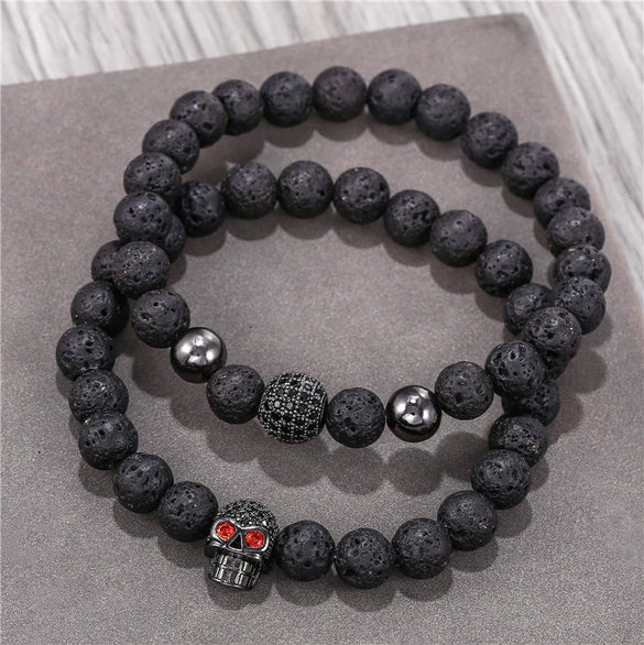 Punk Bracelet Copper Inlaid With Zircon Volcanic Stone Ball Skull Handmade Unisex