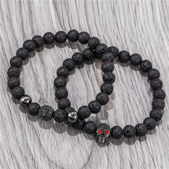 Punk Bracelet Copper Inlaid With Zircon Volcanic Stone Ball Skull Handmade Unisex