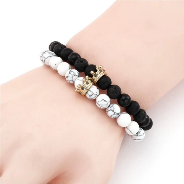Punk Bracelet Copper Inlaid With Zircon Volcanic Stone Ball Skull Handmade Unisex