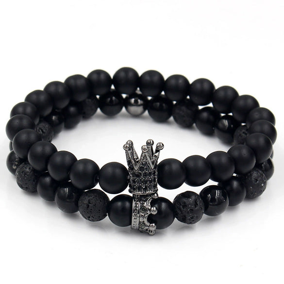 Punk Bracelet Copper Inlaid With Zircon Volcanic Stone Ball Skull Handmade Unisex