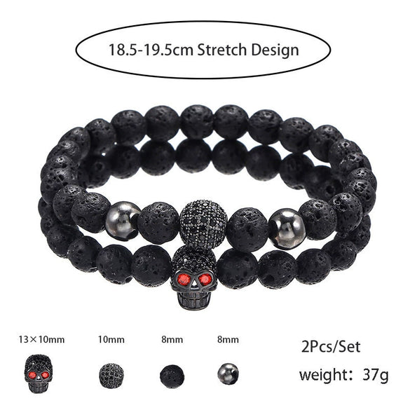 Punk Bracelet Copper Inlaid With Zircon Volcanic Stone Ball Skull Handmade Unisex