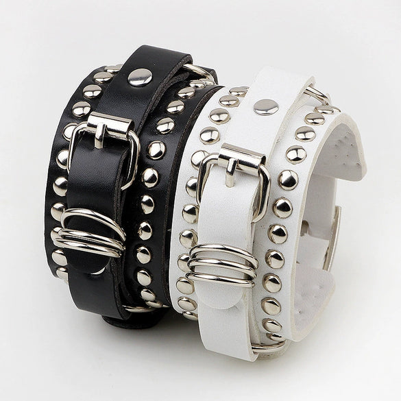 Punk Couple Jewelry Artificial Leather Belt Bracelet With Rivet And Geometric Design Electroplated