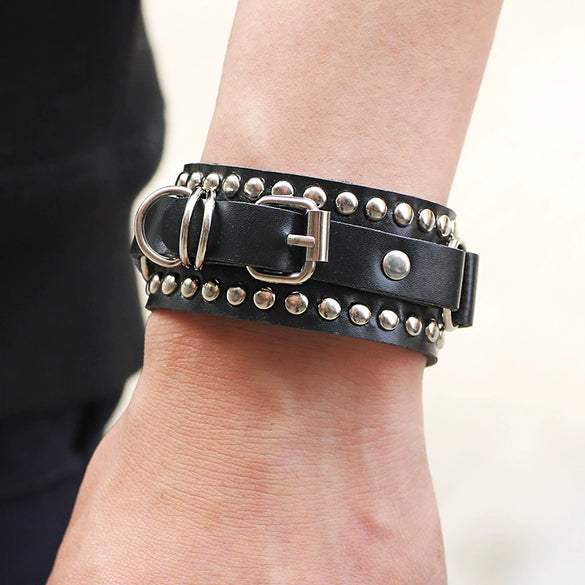 Punk Couple Jewelry Artificial Leather Belt Bracelet With Rivet And Geometric Design Electroplated
