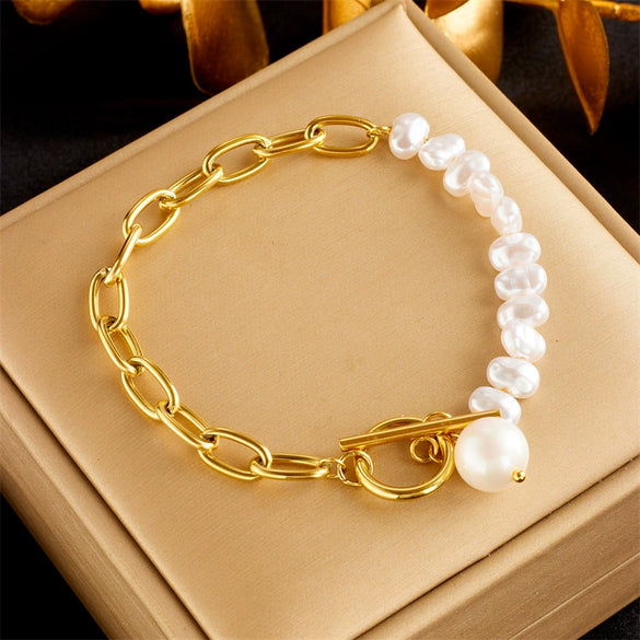 Punk Fashion Retro Asymmetric Chain Pearl Beaded Pendant Buckle High Sense Titanium Steel Jewelry Bracelet With Electroplating