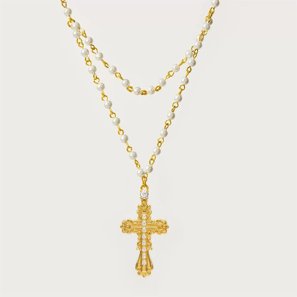 Punk Geometric Cross Necklace For Women Copper Mixed Gemstone Inlay Pearl Chain