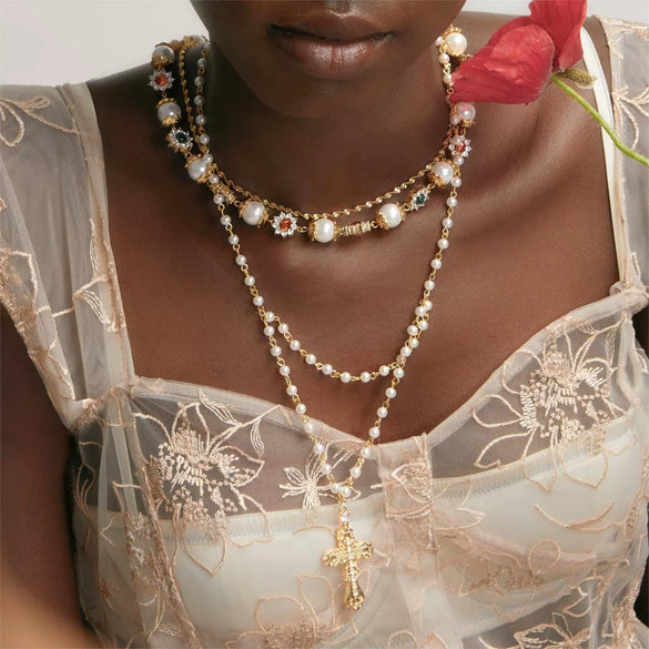 Punk Geometric Cross Necklace For Women Copper Mixed Gemstone Inlay Pearl Chain