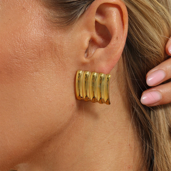 Punk Geometric Square Stud Earrings With Vertical Stripe Design Gold Tone Electroplating And Stainless Steel Posts For Women