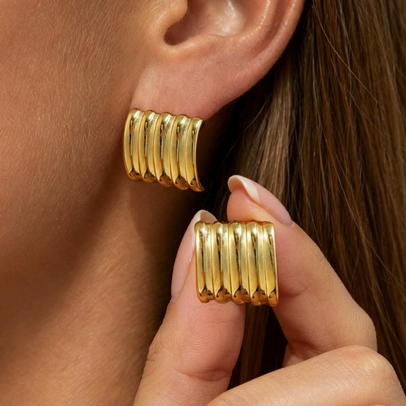 Punk Geometric Square Stud Earrings With Vertical Stripe Design Gold Tone Electroplating And Stainless Steel Posts For Women