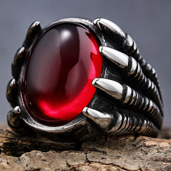 Punk Gothic Style Retro Dragon Claw Gem Stainless Steel Ring Set With Precious Stones