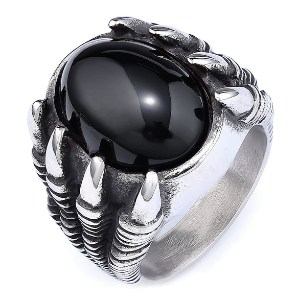 Punk Gothic Style Retro Dragon Claw Gem Stainless Steel Ring Set With Precious Stones