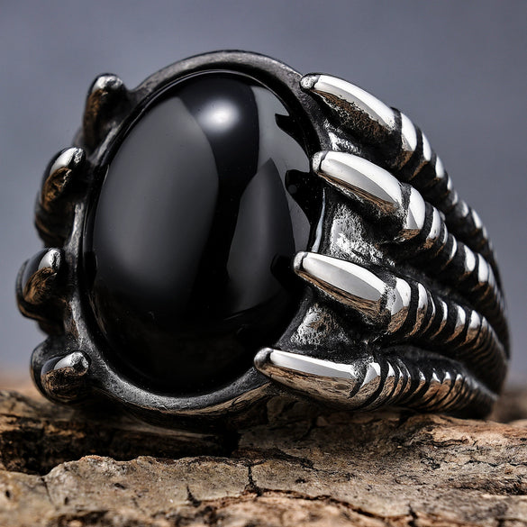 Punk Gothic Style Retro Dragon Claw Gem Stainless Steel Ring Set With Precious Stones