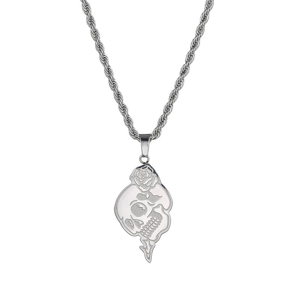 Punk Gothic Style Stainless Steel And Titanium Steel Rose Skull Pendant Necklace With Twist Chain And Geometric Pattern Handmade For Men